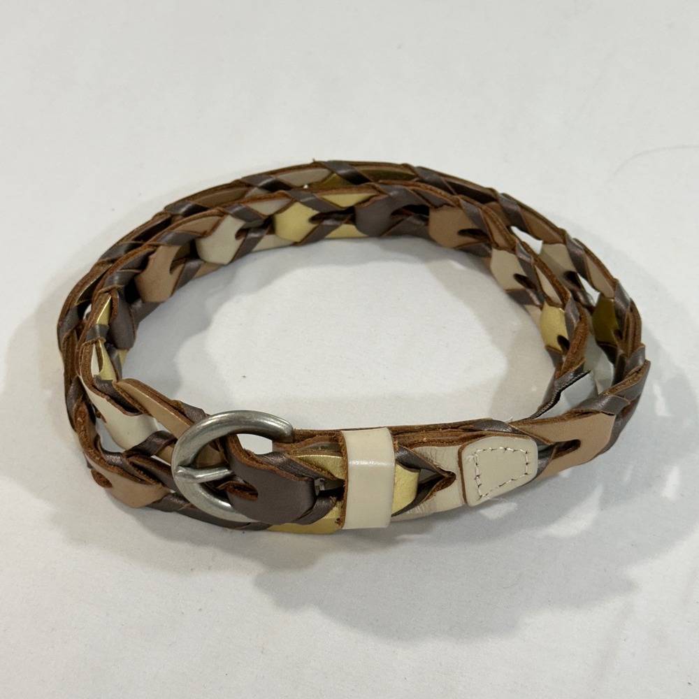 Fossil Braided Leather Belt Womens M Metallic Gold Bronze Tan Boho 1 Inch